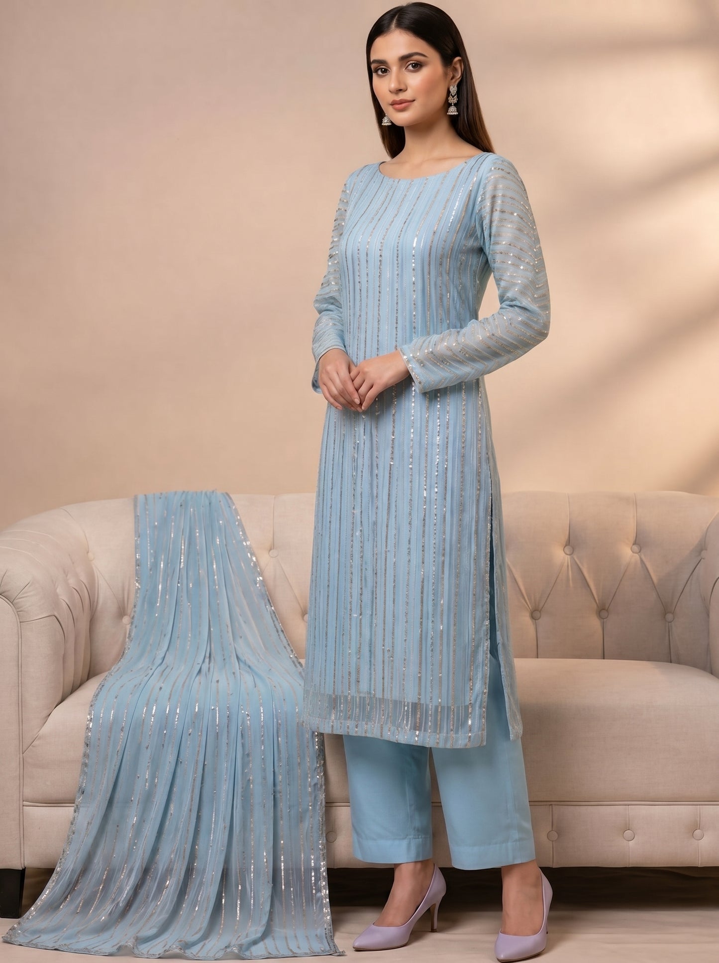 Elegant Crimson Striped Chiffon 3PC Suit with Golden Zari