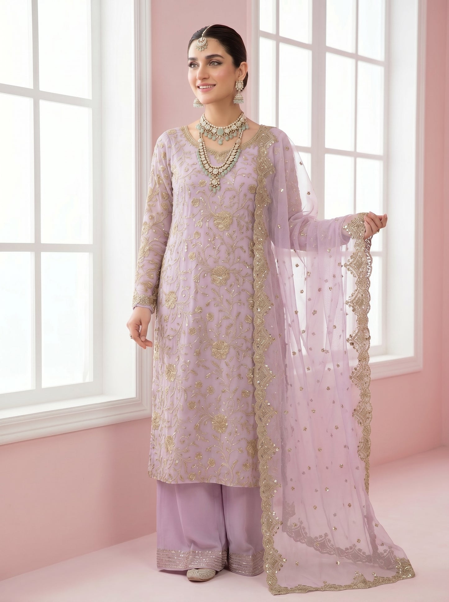 Luxury Golden Zari Floral Jal Organza Shirt with Two-Side Border & Plain Raw Silk Palazzo