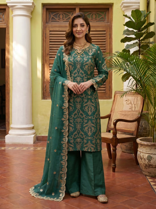 Luxury Organza Motif Style Shirt with Two-Side Border Dupatta & Plain Raw Silk Palazzo