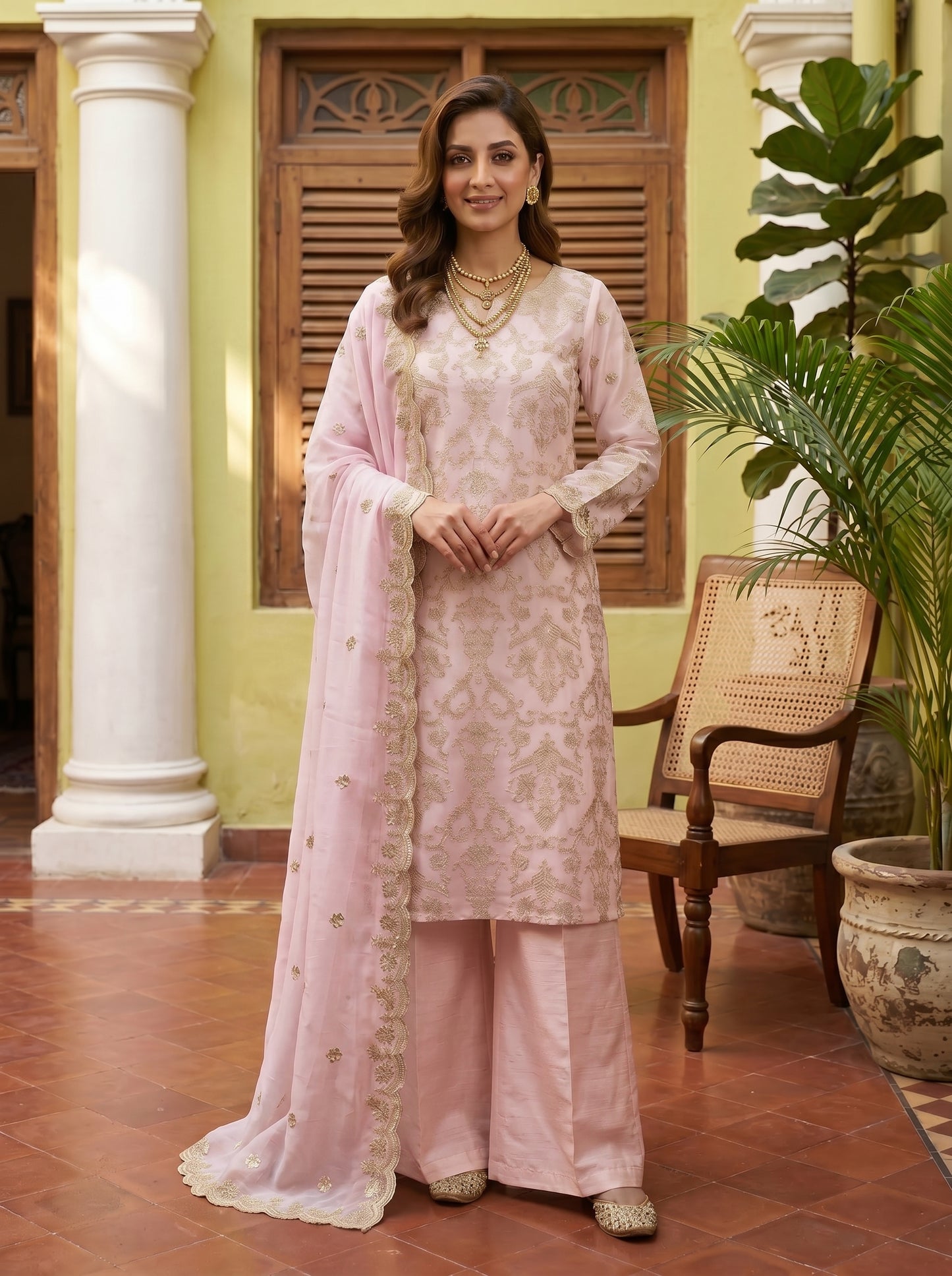 Luxury Organza Motif Style Shirt with Two-Side Border Dupatta & Plain Raw Silk Palazzo