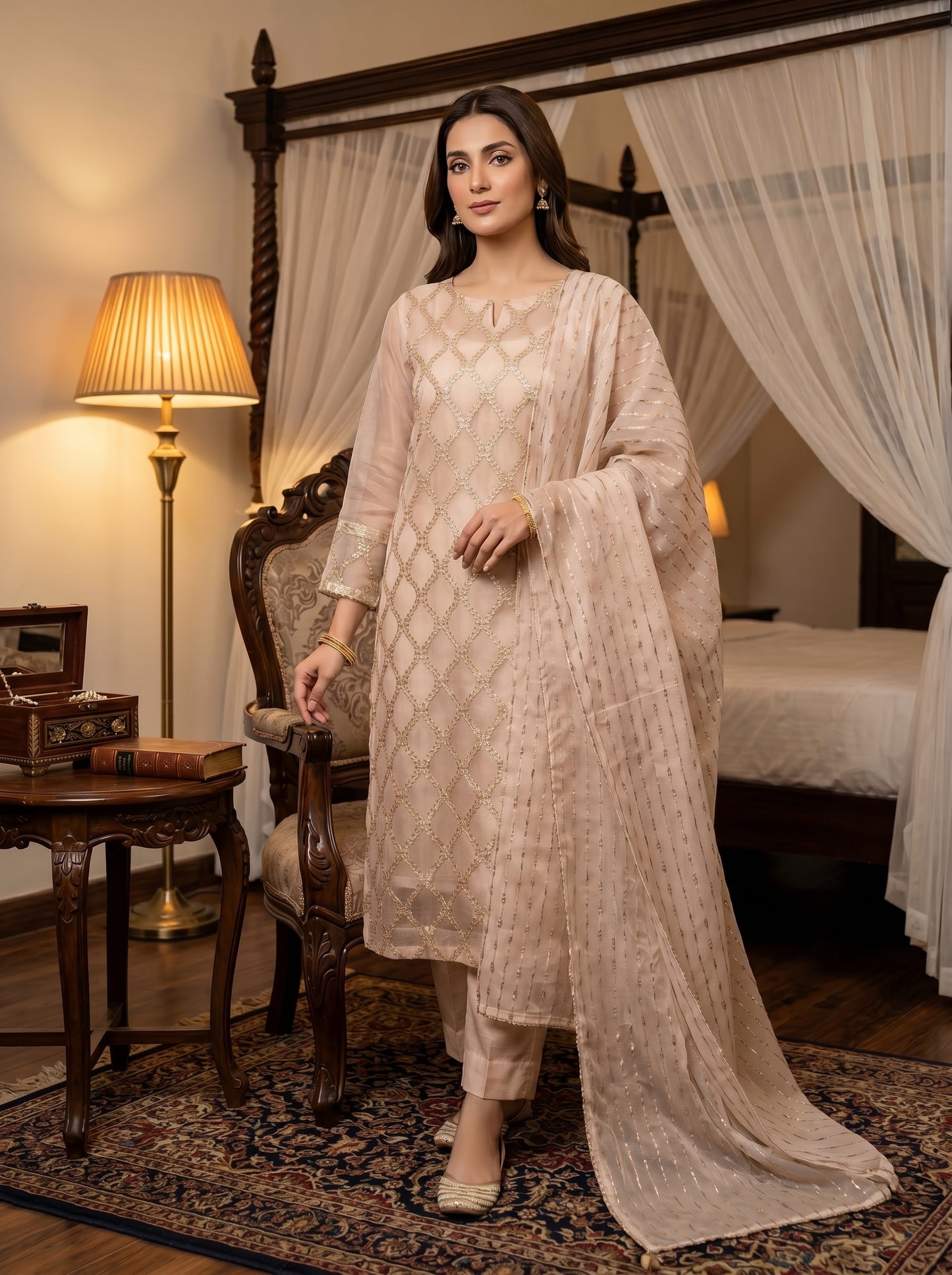 Luxury Organza Embroidered Dupatta with Golden Zari Scalloped Design
