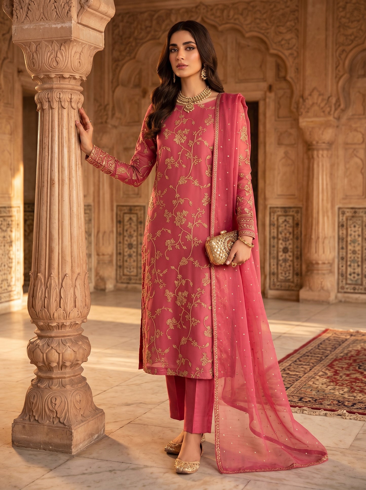 Unstitched Organza 3PC Suit with Golden Zari Floral Jaal & Raw Silk Trouser