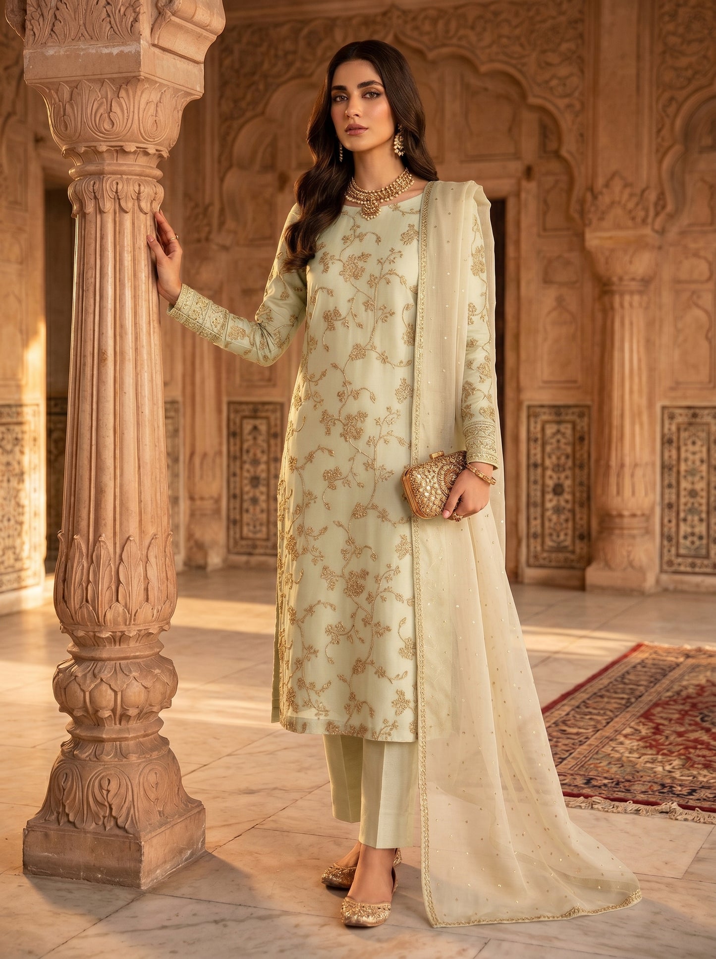 Unstitched Organza 3PC Suit with Golden Zari Floral Jaal & Raw Silk Trouser