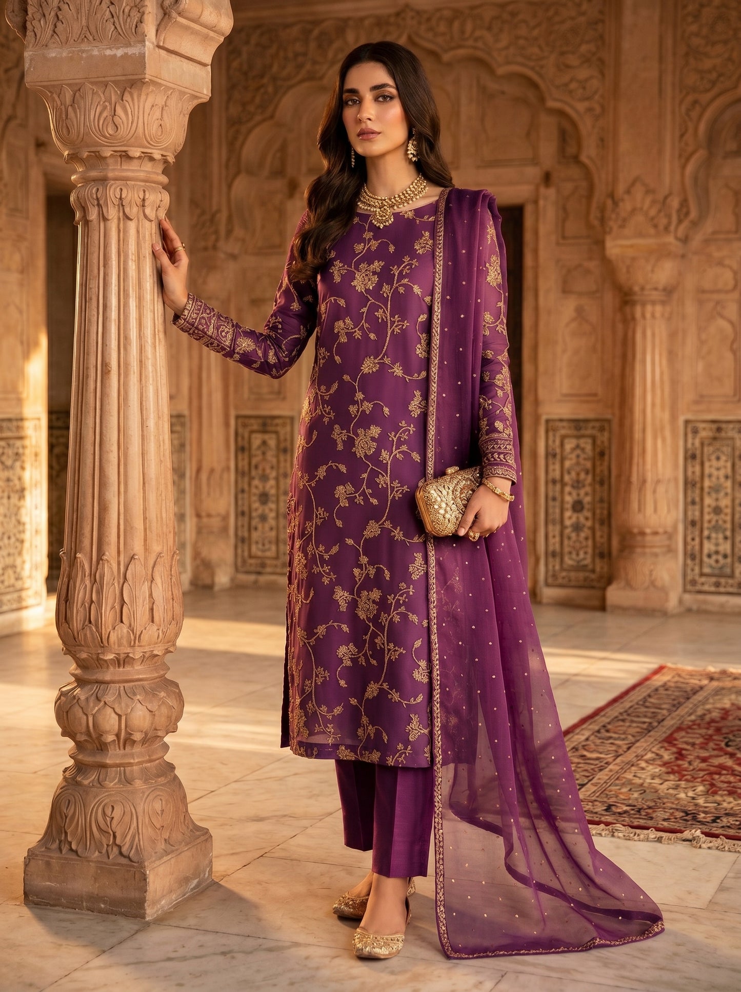 Unstitched Organza 3PC Suit with Golden Zari Floral Jaal & Raw Silk Trouser