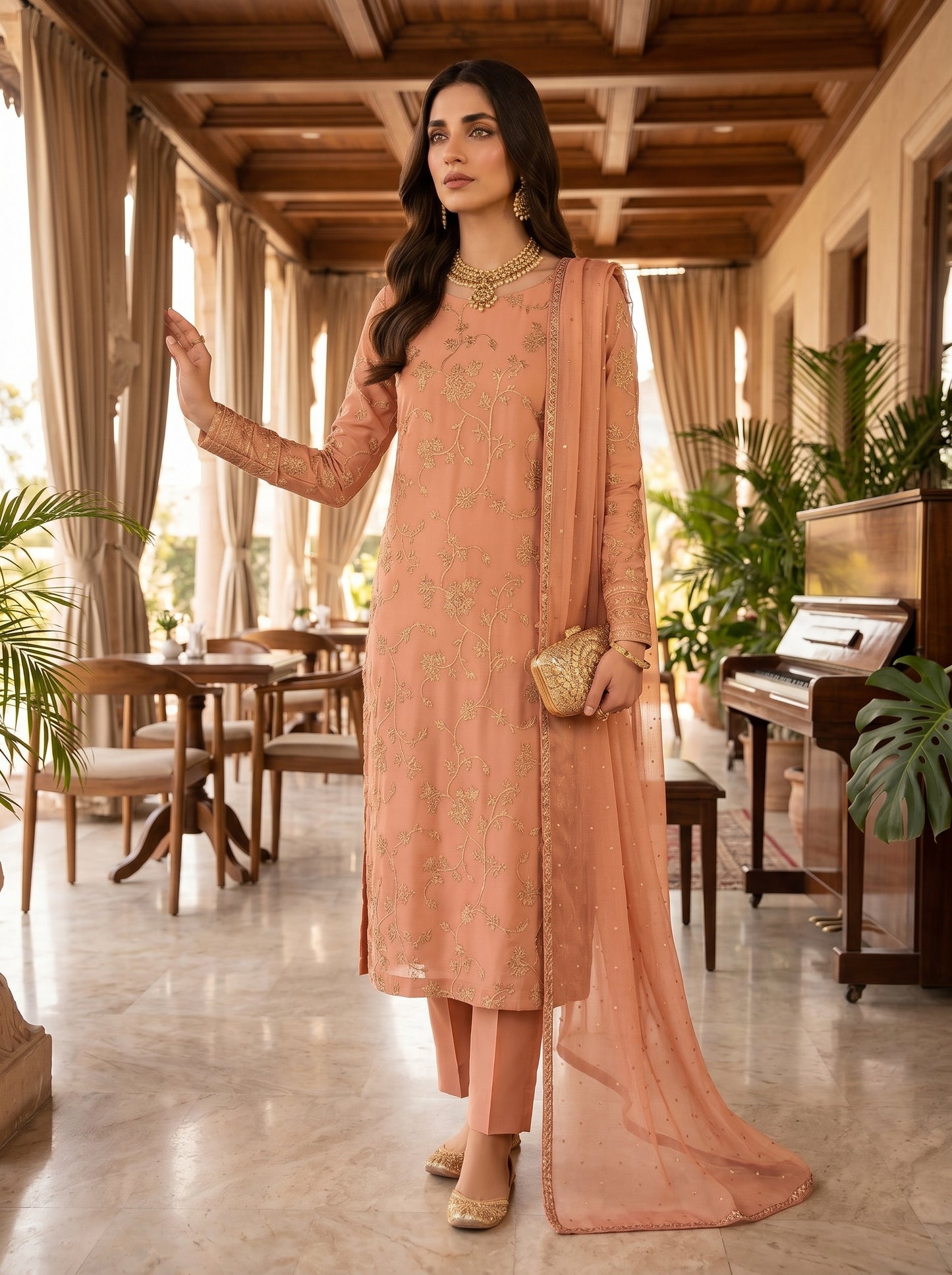 Unstitched Organza 3PC Suit with Golden Zari Floral Jaal & Raw Silk Trouser
