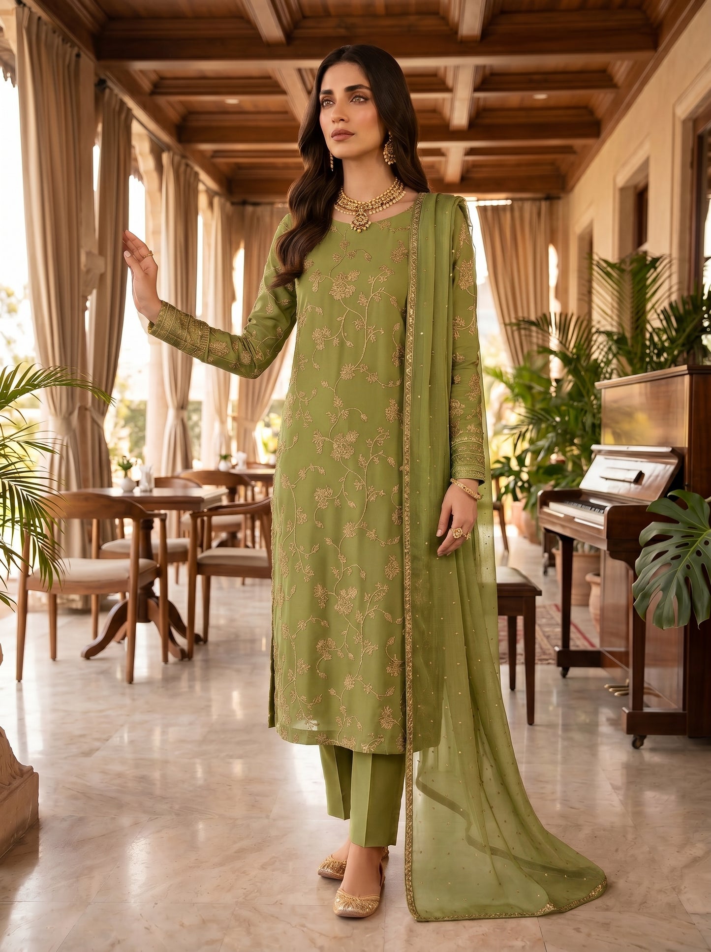 Unstitched Organza 3PC Suit with Golden Zari Floral Jaal & Raw Silk Trouser