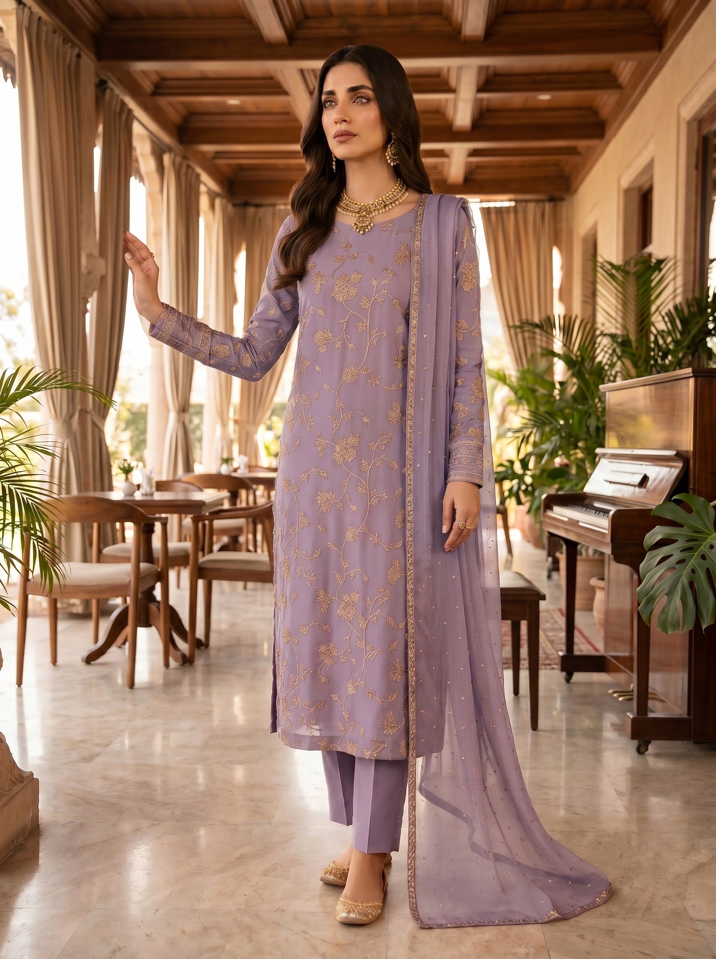 Unstitched Organza 3PC Suit with Golden Zari Floral Jaal & Raw Silk Trouser