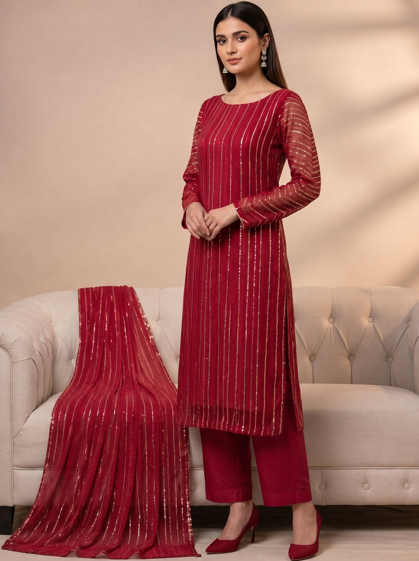 Elegant Crimson Striped Chiffon 3PC Suit with Golden Zari