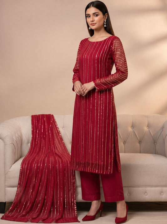 Elegant Crimson Striped Chiffon 3PC Suit with Golden Zari