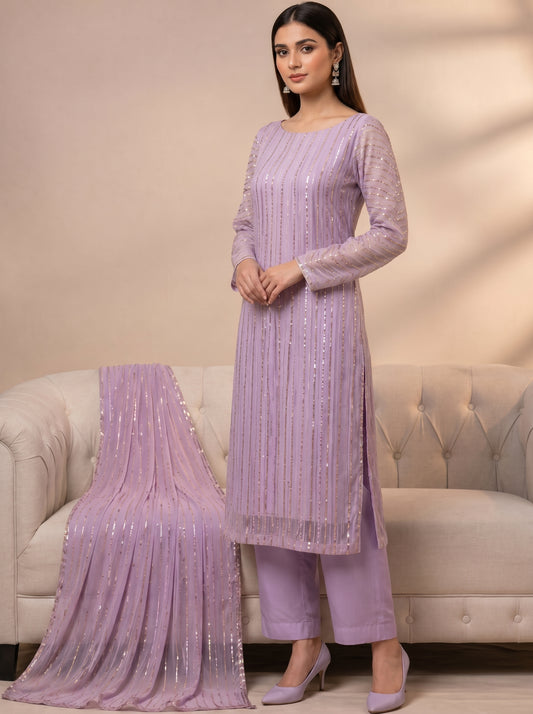 Elegant Crimson Striped Chiffon 3PC Suit with Golden Zari