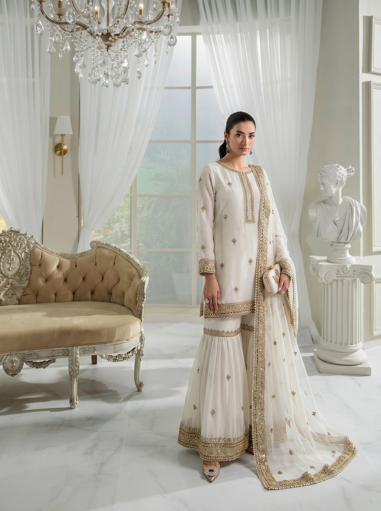 Luxury Embroidered Chiffon Suit with Gharara & Dupatta – Wedding Wear