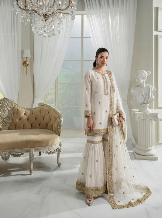 Luxury Embroidered Chiffon Suit with Gharara & Dupatta – Wedding Wear