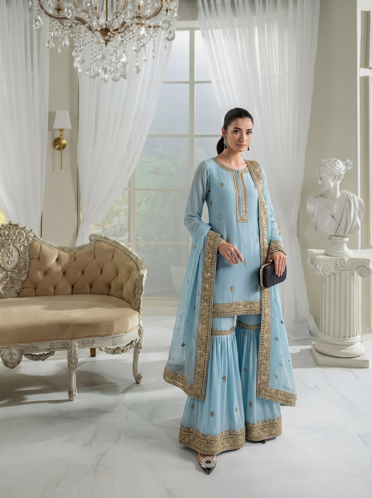 Luxury Embroidered Chiffon Suit with Gharara & Dupatta – Wedding Wear