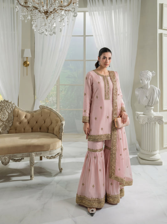 Luxury Embroidered Chiffon Suit with Gharara & Dupatta – Wedding Wear