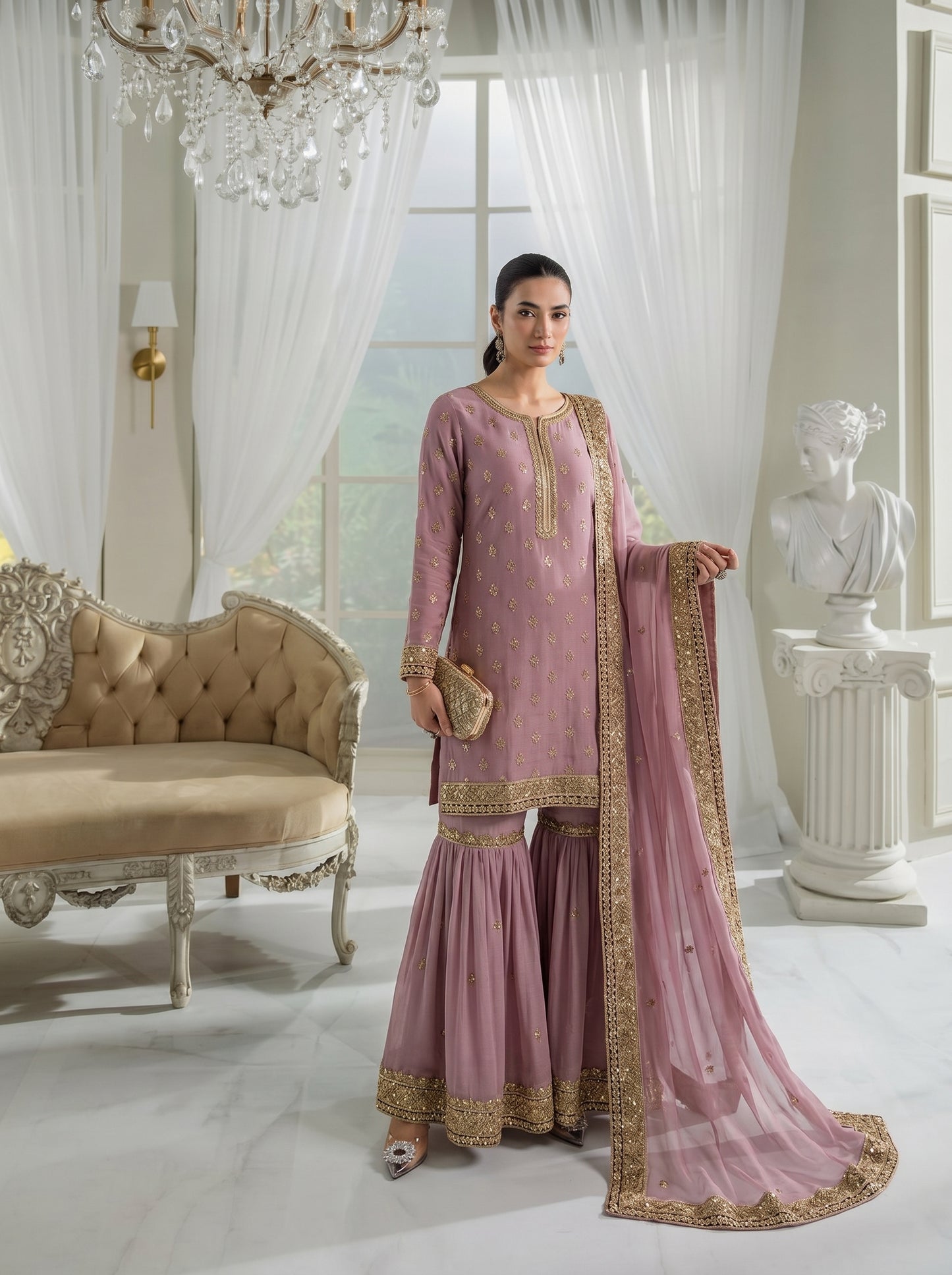 Luxury Embroidered Chiffon Suit with Gharara & Dupatta – Wedding Wear