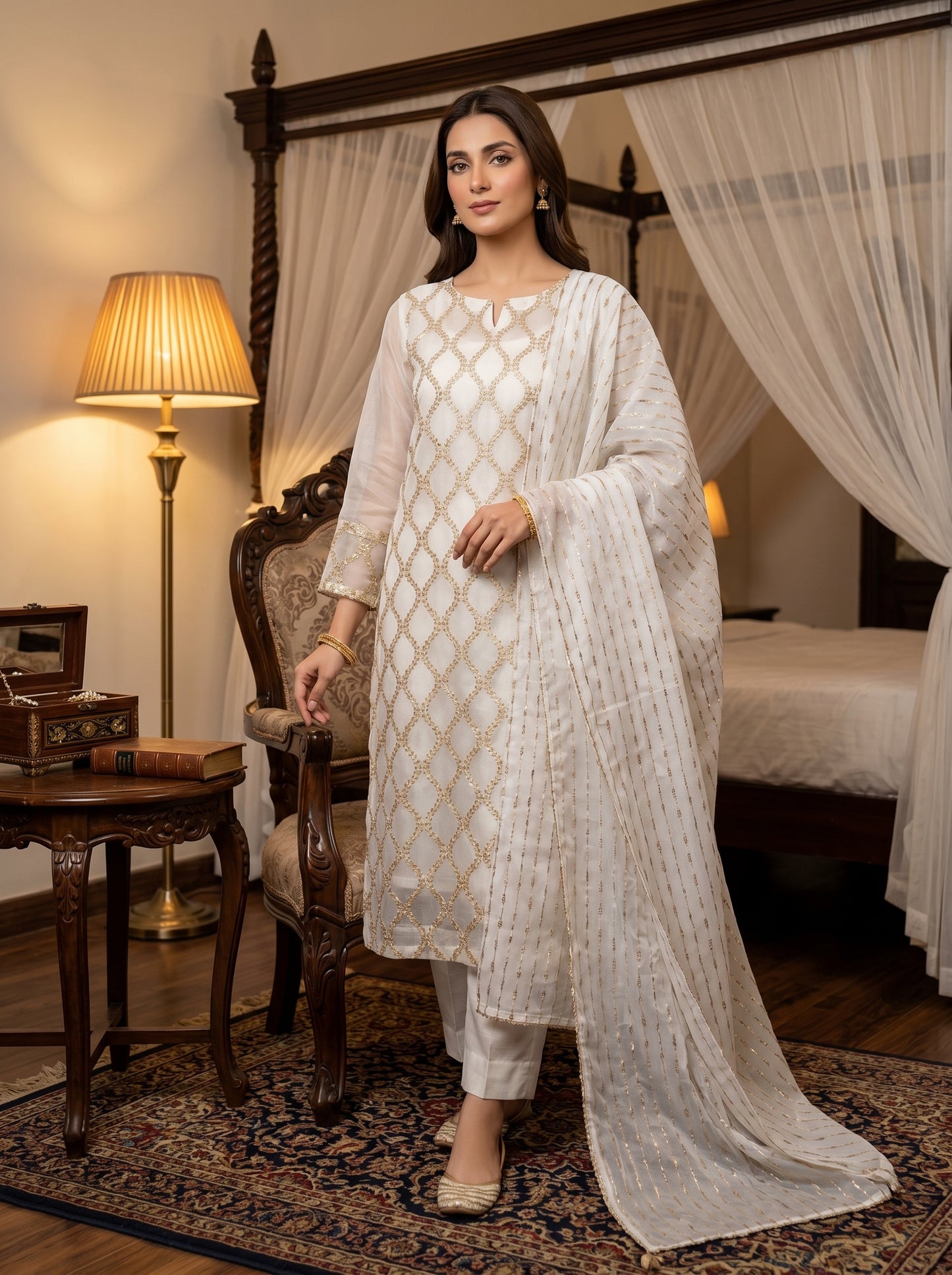 Luxury Organza Embroidered Dupatta with Golden Zari Scalloped Design