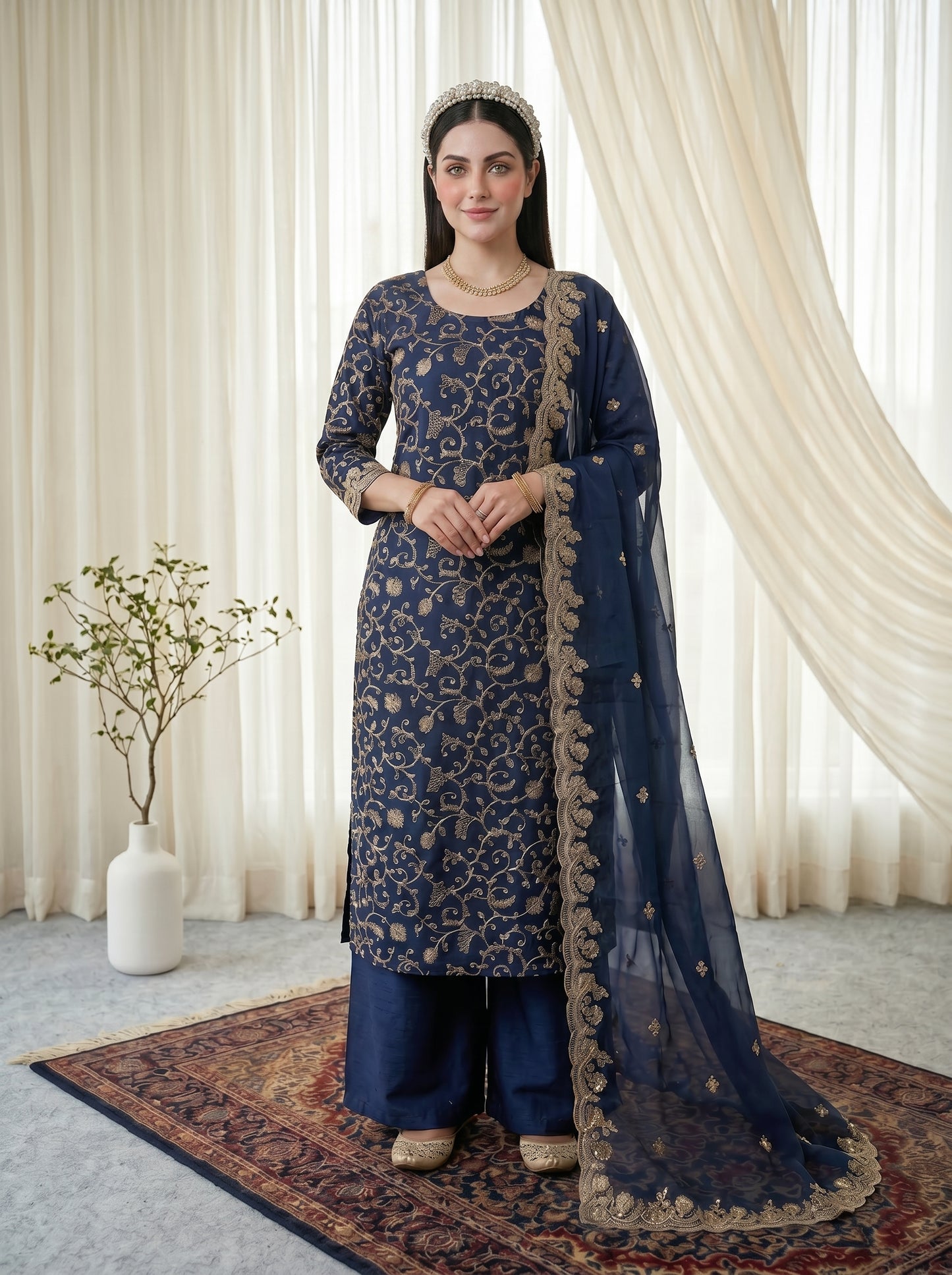 Luxury Golden Zari Floral Jal Organza Shirt with Two-Side Border & Plain Raw Silk Palazzo