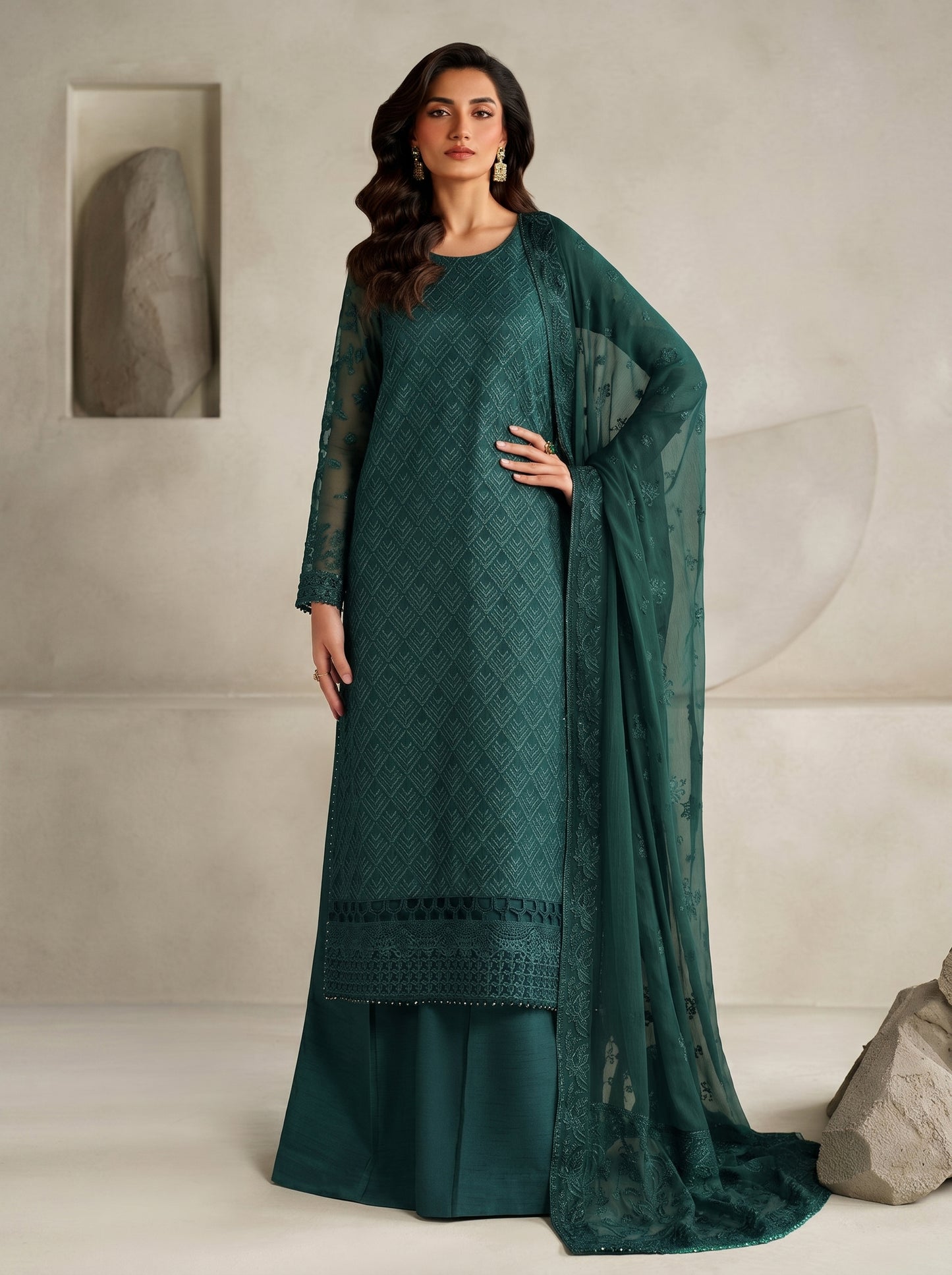 Unstitched Chiffon Embroidered 3PC Suit with Golden Zari & Raw Silk Shalwar