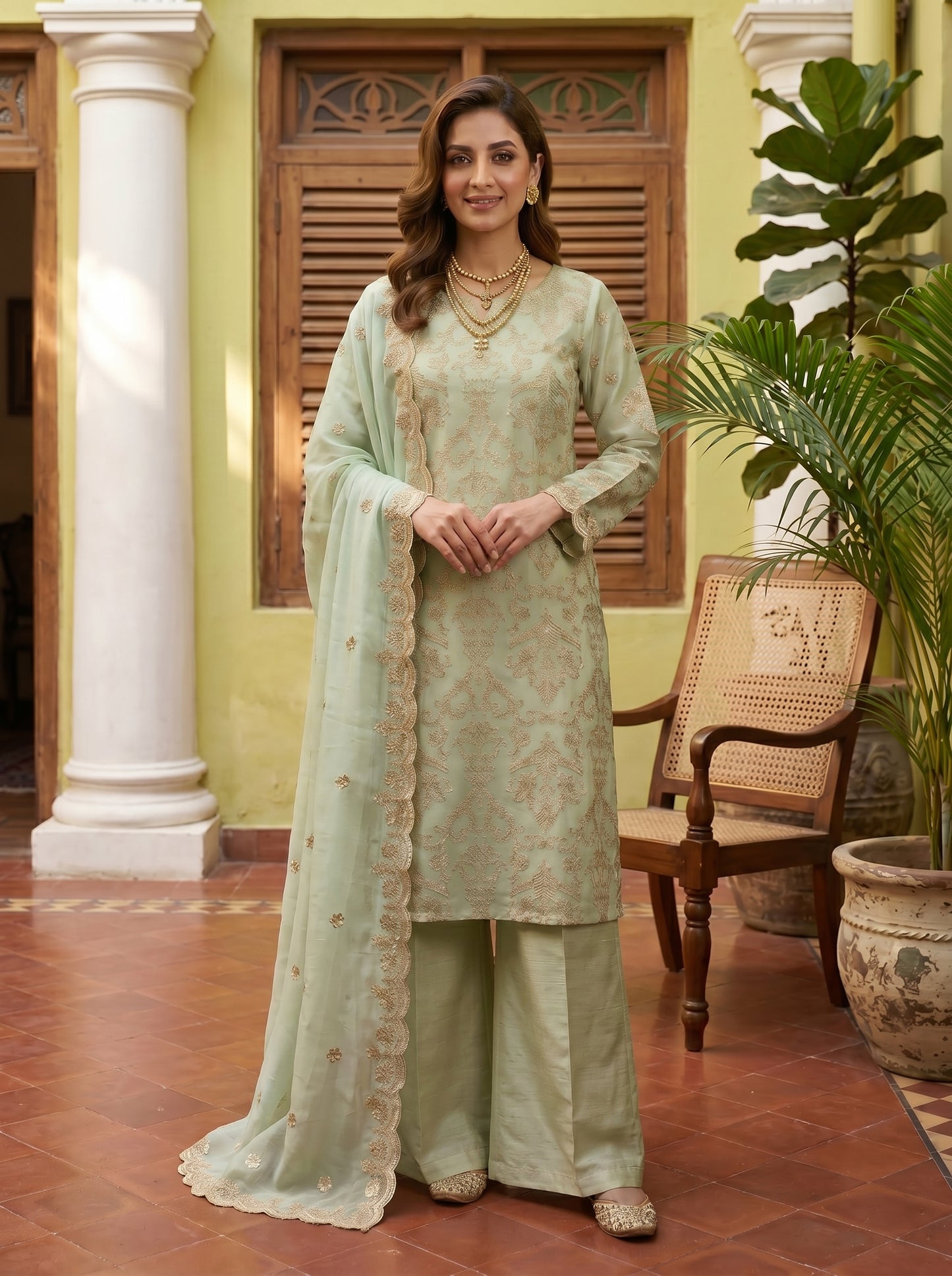 Luxury Organza Motif Style Shirt with Two-Side Border Dupatta & Plain Raw Silk Palazzo