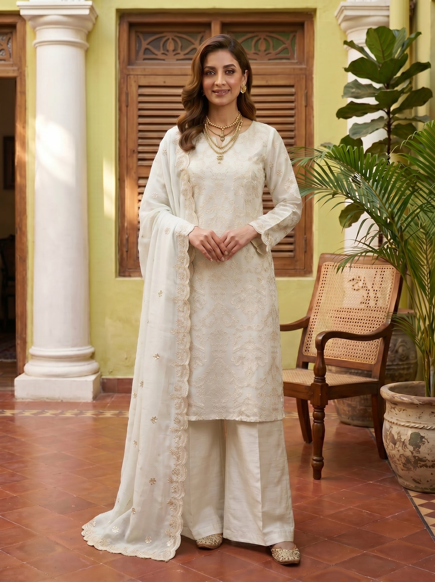 Luxury Organza Motif Style Shirt with Two-Side Border Dupatta & Plain Raw Silk Palazzo