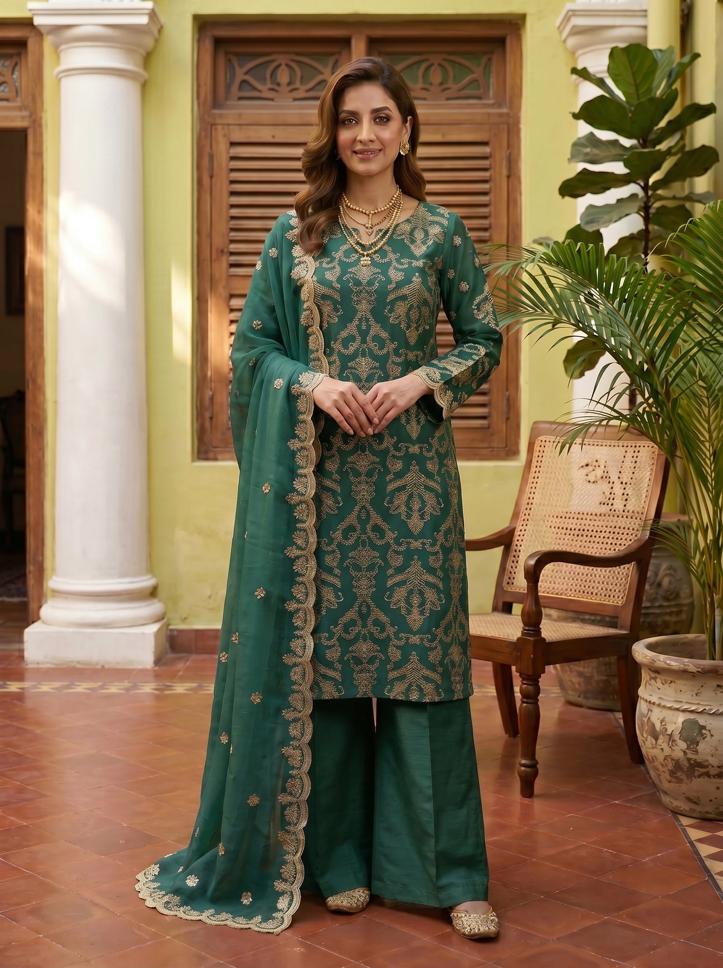 Luxury Organza Motif Style Shirt with Two-Side Border Dupatta & Plain Raw Silk Palazzo