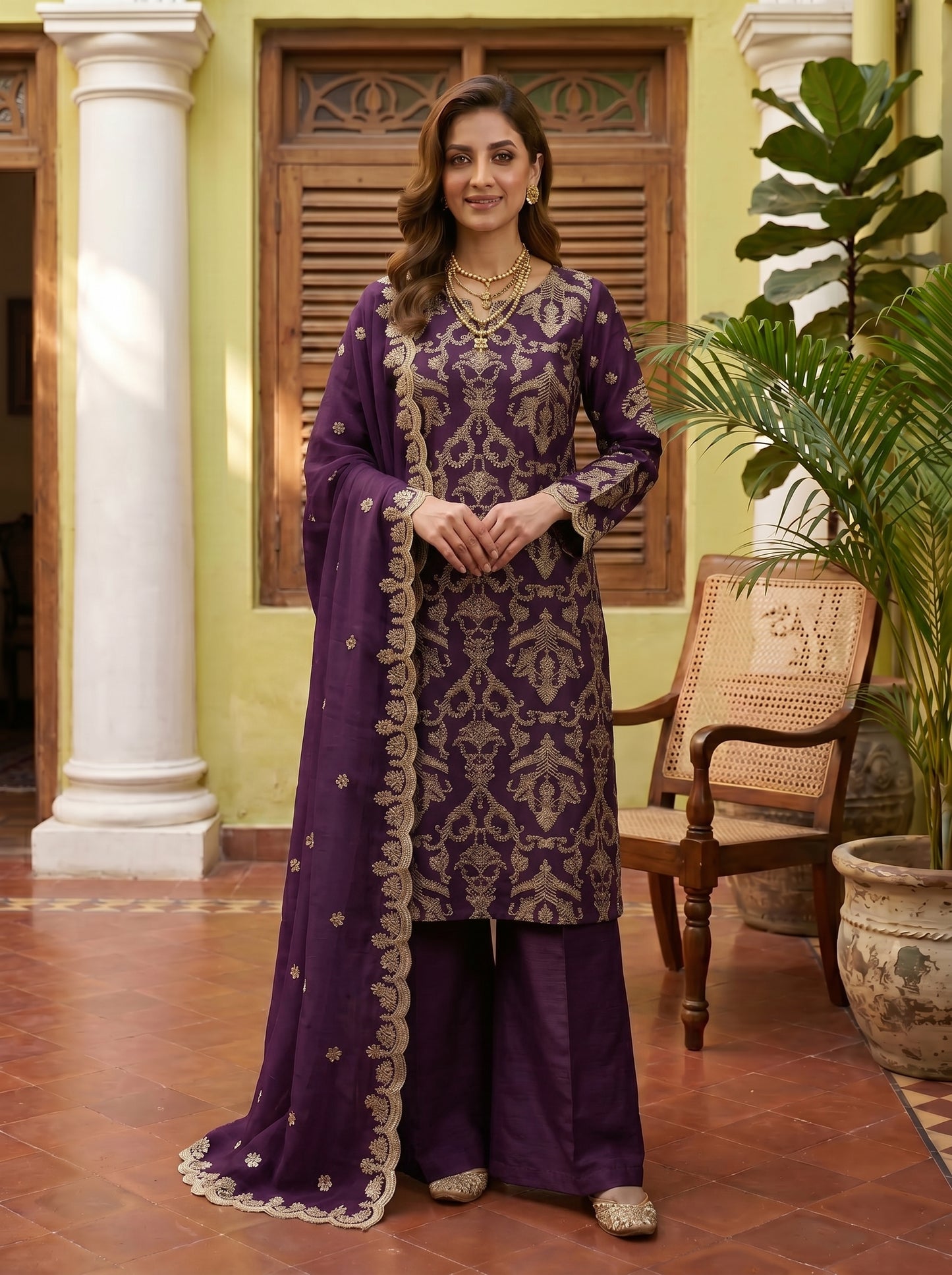 Luxury Organza Motif Style Shirt with Two-Side Border Dupatta & Plain Raw Silk Palazzo