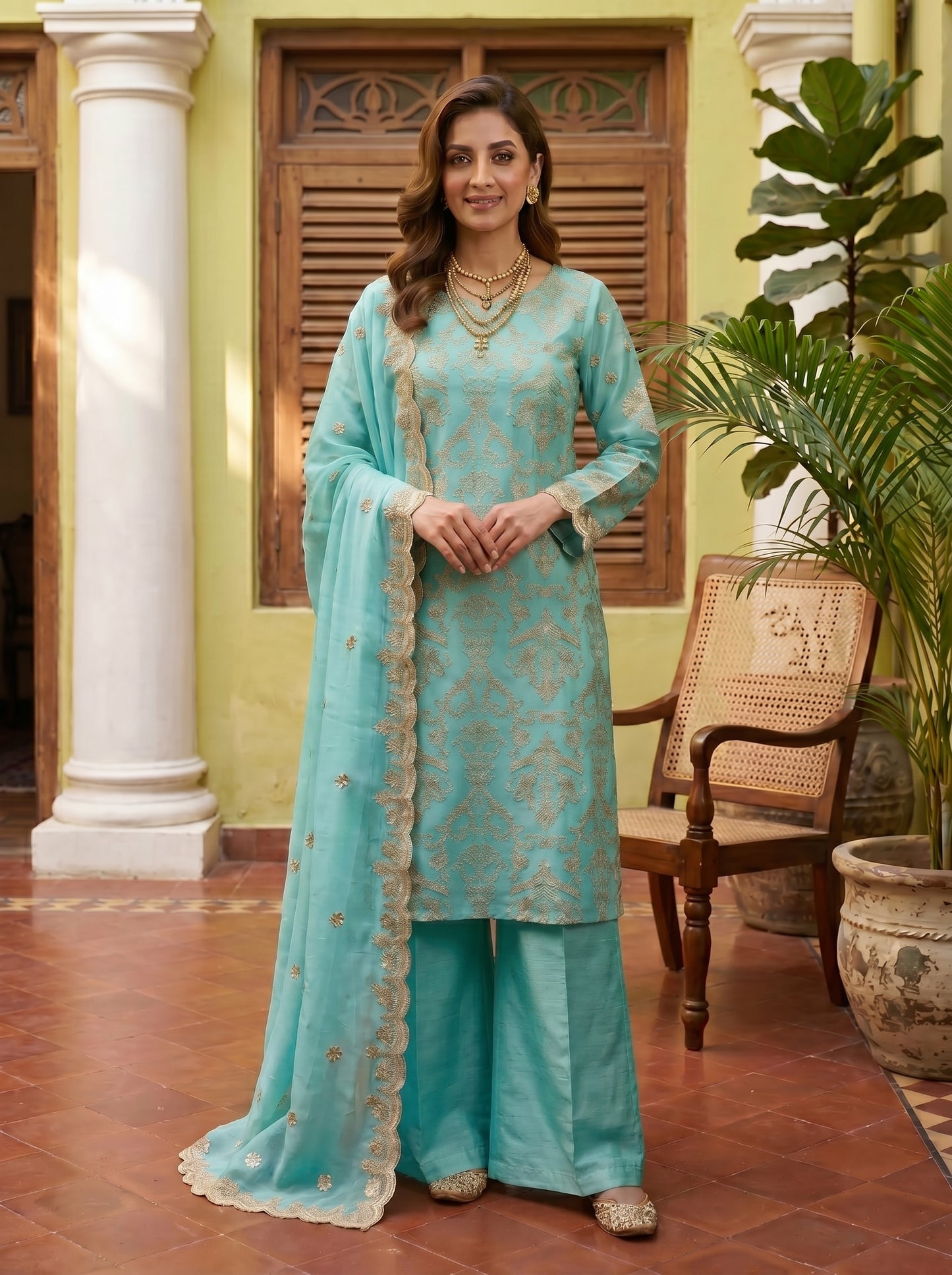 Luxury Organza Motif Style Shirt with Two-Side Border Dupatta & Plain Raw Silk Palazzo
