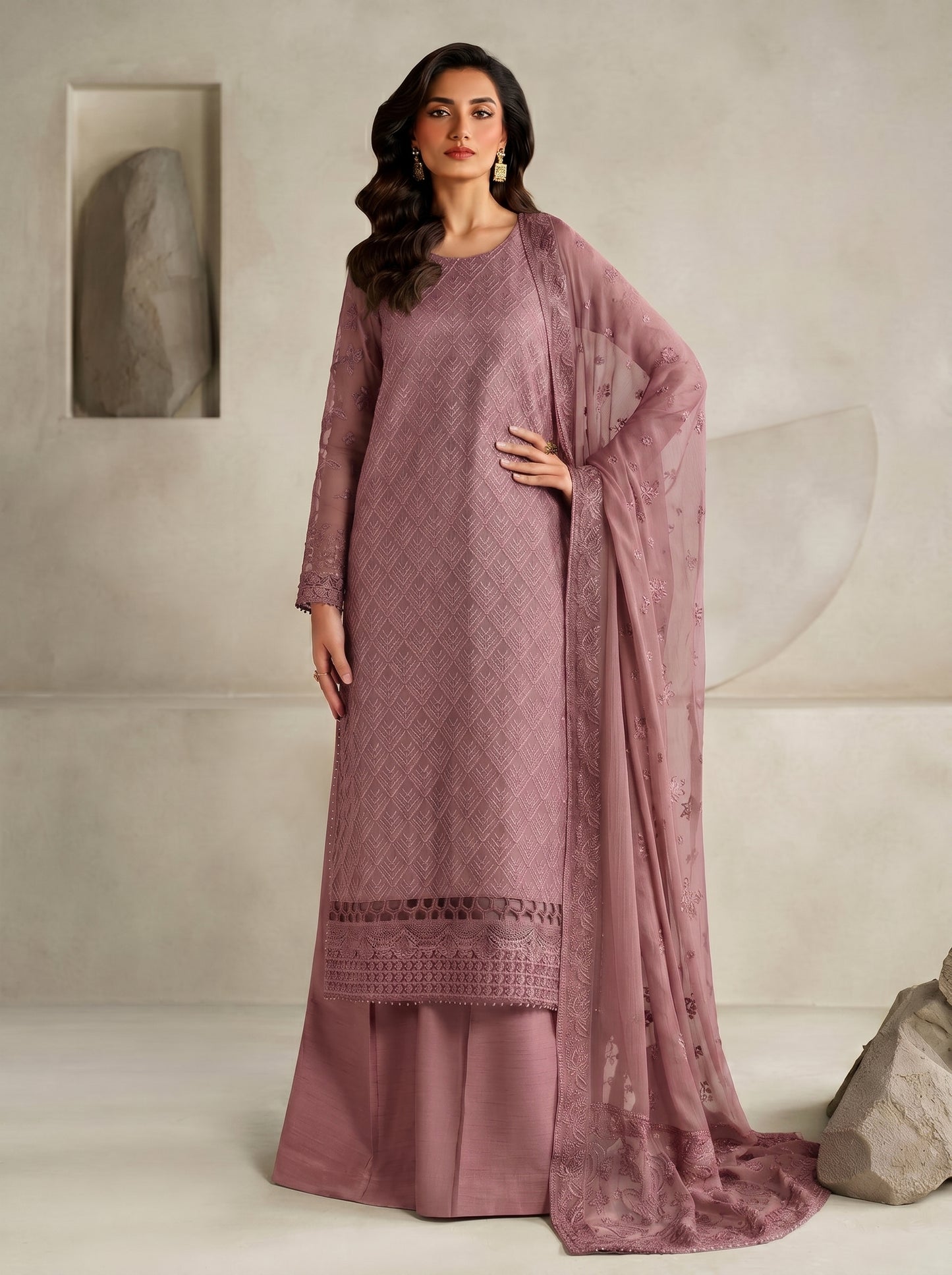 Unstitched Chiffon Embroidered 3PC Suit with Golden Zari & Raw Silk Shalwar