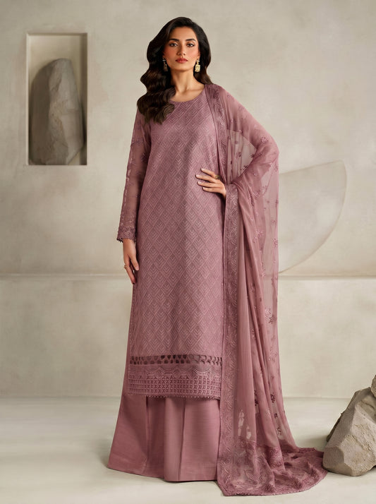 Unstitched Chiffon Embroidered 3PC Suit with Golden Zari & Raw Silk Shalwar