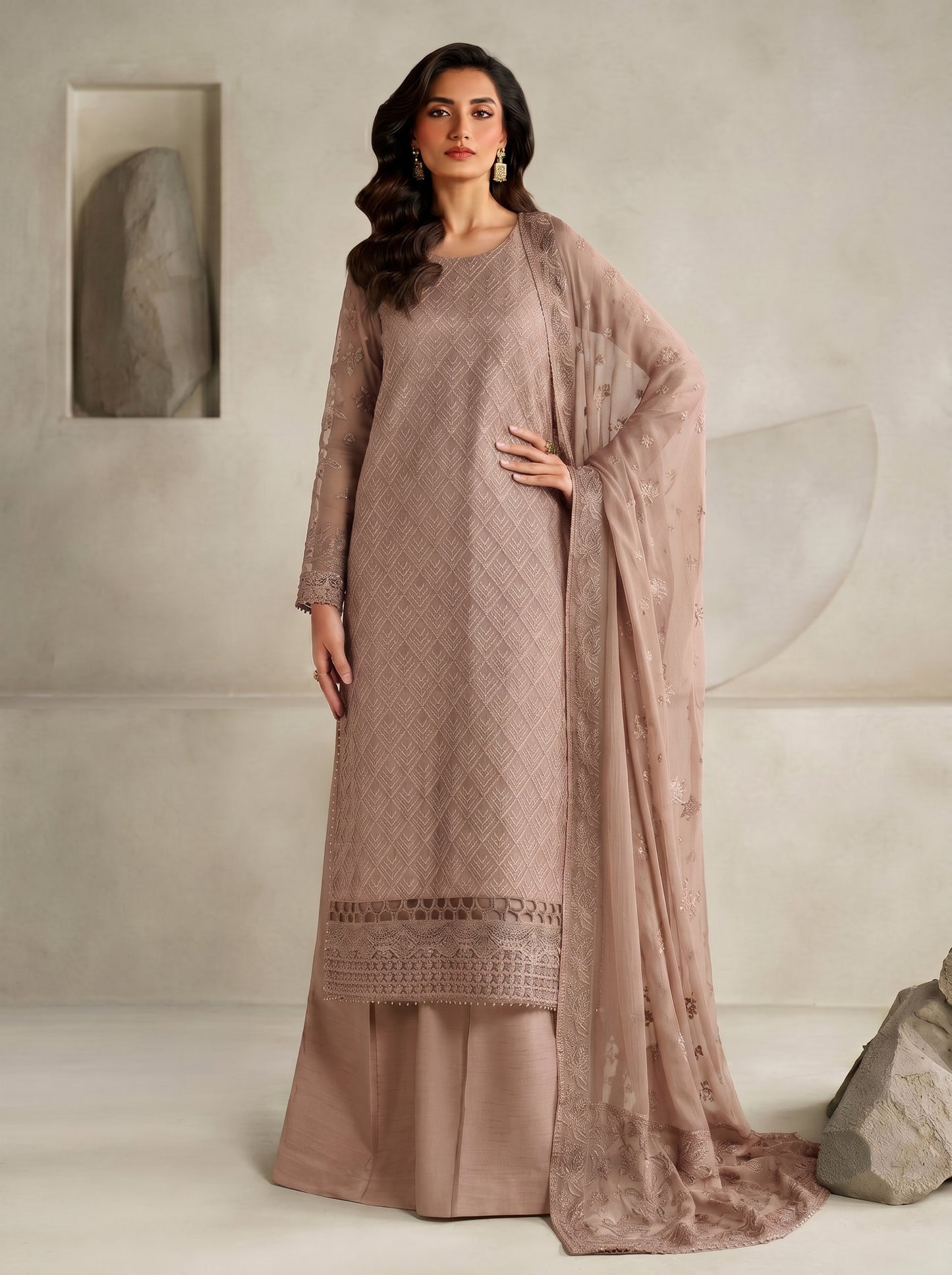 Unstitched Chiffon Embroidered 3PC Suit with Golden Zari & Raw Silk Shalwar