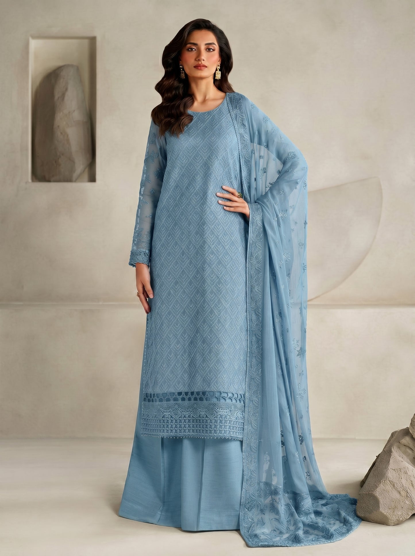 Unstitched Chiffon Embroidered 3PC Suit with Golden Zari & Raw Silk Shalwar