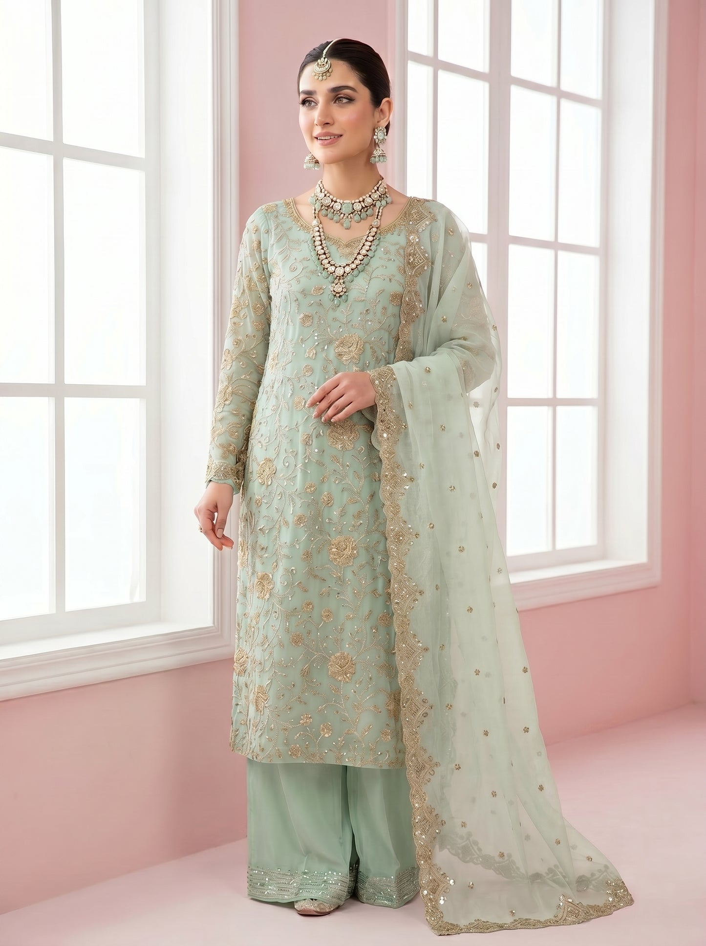 Luxury Golden Zari Floral Jal Organza Shirt with Two-Side Border & Plain Raw Silk Palazzo